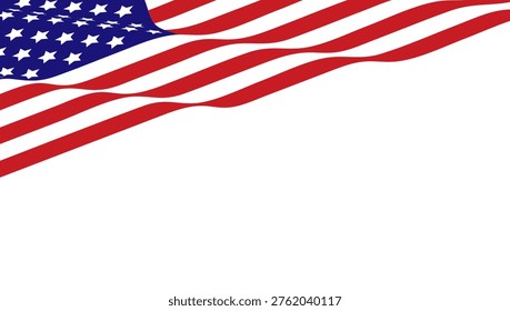 American flag corner waving white background. Patriotic USA banner for July 4th, Memorial Day, and national holidays.
