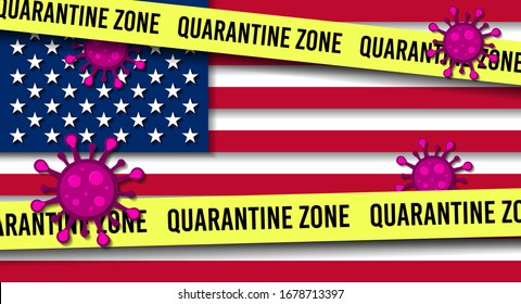 American flag with coronavirus bacteria cells and quarantine tape on it. Concept for covid-19 virus outbreak, qurantine in USA, global pandemic, stay home. Paper cut vector illustration.