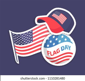 American Flag Day festival patriotic stickers in shapes of stylish cap and round pin. Accessories to support national holiday vector illustration.