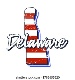 American flag in delaware state map. Vector grunge style with Typography hand drawn lettering delaware on map shaped old grunge vintage American national flag isolated on white background