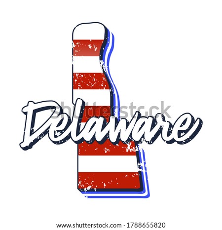 American flag in delaware state map. Vector grunge style with Typography hand drawn lettering delaware on map shaped old grunge vintage American national flag isolated on white background