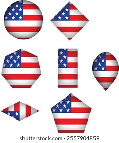 The American flag is depicted on different shapes