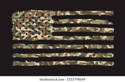 American Flag with Desert Camouflage. Template USA flag with camouflage. Vector grunge camo American flag in military style. Design typography graphics for t-shirt, apparel, social media, banner.