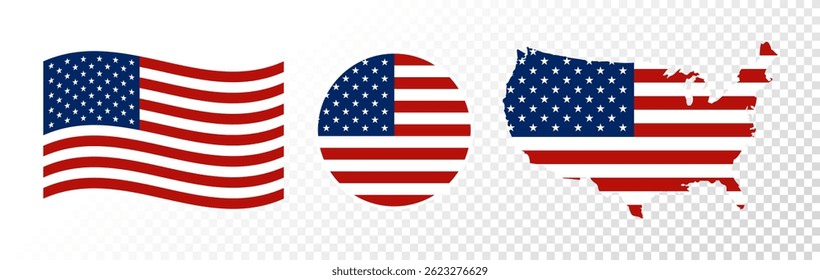 American Flag in Different Shapes: Waving, Circle, and USA Map. Patriotic Symbol. Fourth of July USA Design Elements. US flag