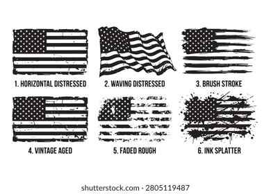 american, flag, distressed, collection, grunge, vintage, aged, splatter, brush, stroke, waving, horizontal, black, white, ink, usa, united, states, america, national, patriotic, symbol, stars, stripes, rough, texture, faded, tattered, worn, retro, rustic, freedom, independence, fourth, july, veteran, military, design, illustration, graphic, print, decal, bundle, set, variation, element, isolated, emblem, heritage