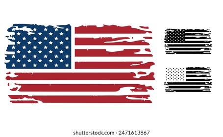 American flag. Distressed flag of the United States of America. Color and black silhouettes set. Vector illustration