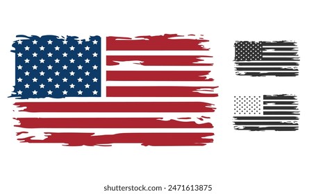 American flag. Distressed flag of the United States of America. Color and black silhouettes set. Vector illustration