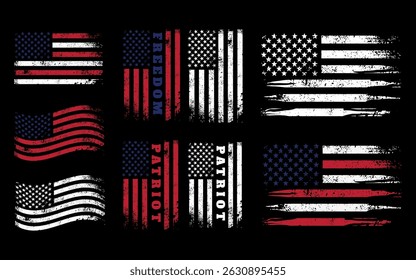 American flag distressed vector art, isolated on black background.