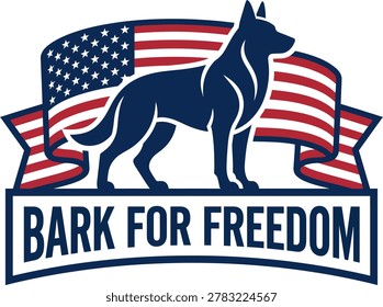 American flag dog logo with bark for freedom text