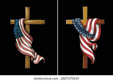 American Flag Draped on Christian Cross – Patriotic Faith Symbol Illustration