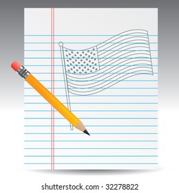 american flag drawn on notebook paper with pencil
