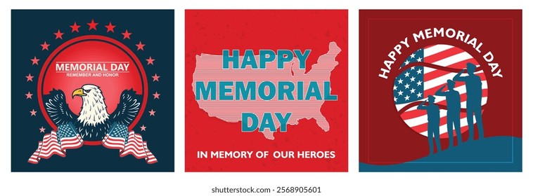 American flag with eagle. Happy Memorial Day with a USA map silhouette. Celebration for those who have contributed. Memorial Day concept. Set flat vector illustration.