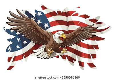 American flag and eagle. Waving national symbol. American colorful proud eagle and national flag on white background. Vector design element