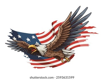 American flag and eagle. Waving national symbol. American colorful proud eagle and national flag on white background. Vector design element