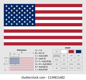 American flag with exact dimensions. USA flag. Official colors and proportion correctly. National United State of America flag. Vector illustration. EPS10.