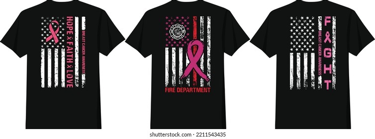 American Flag Fight Breast Cancer Awareness. Hope, Faith, Love. Fire Department T Shirt Design