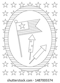 American Flag And Firecrackers Isolated In Oval Frame. Patriotic Coloring Pages For Kids