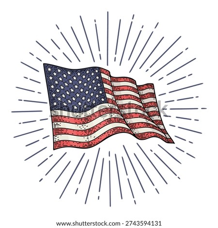 American flag and firework. Vector vintage engraving color illustration for poster, greeting card and banner independence day. Isolated on white background.