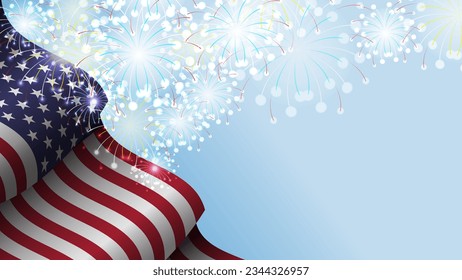 american flag with fireworks background design vector illustration on blue sky, united state flag texture