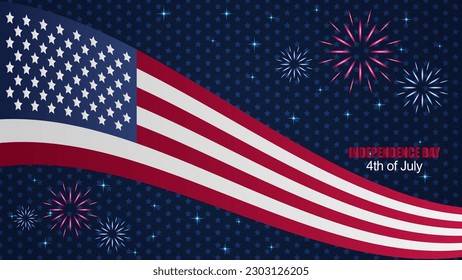 American flag with fireworks background, vector illustration. Independence day of USA.