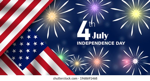 American flag with fireworks Independence Day July 4h. Vector illustration.