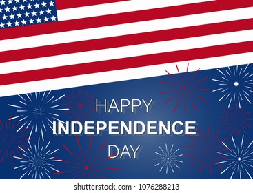 American flag with fireworks on Independence Day. Vector illustration blue background