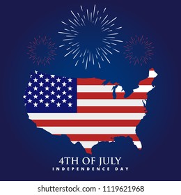 American flag with fireworks on Independence Day. Vector color illustration. 4th of july text
