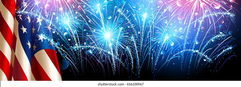 American Flag With Fireworks On Independence Day. Vector Illustration