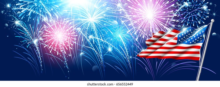 American Flag With Fireworks On Independence Day. Vector Illustration