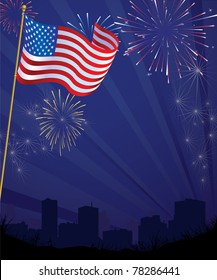 American Flag with Fireworks over City