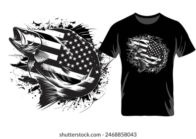 American Flag With Fishing T-shirt Design,  USA Fishing Flag.