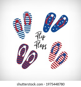 American flag flip flops, decorative element, 4th of July celebration, Independence day symbol. Patriotic flip flop set for t shirt print, party signboard, invitation, poster. Vector illustration.