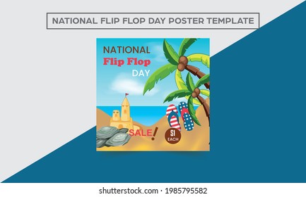 American flag flip flops, decorative element. Independence day. Poster with ocean landscape. Beach with flip-flops. Template for greeting card.