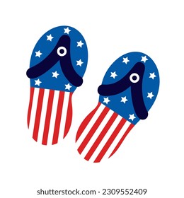 American flag flip flops vector icon. Pair of beach sandals with stars, stripes for July 4th. Shoes for USA Independence Day. Slippers for summer sea vacation. Flat cartoon clipart for print, cards