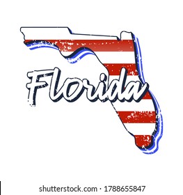 American flag in florida state map. Vector grunge style with Typography hand drawn lettering florida on map shaped old grunge vintage American national flag isolated on white background