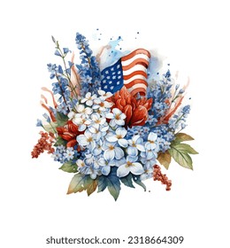 American flag with flowers. USA independence day. 4th of July. watercolor vector for sublimation, tshirt, mug, pillow, tumbler, print