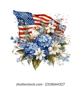 American flag with flowers. USA independence day. 4th of July. watercolor vector for sublimation, tshirt, mug, pillow, tumbler, print