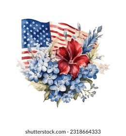 American flag with flowers. USA independence day. 4th of July. watercolor vector for sublimation, tshirt, mug, pillow, tumbler, print