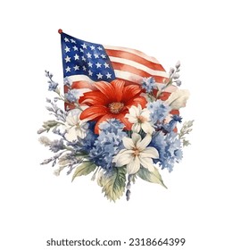 American flag with flowers. USA independence day. 4th of July. watercolor vector for sublimation, tshirt, mug, pillow, tumbler, print