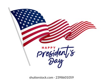 Bandera estadounidense ondeando en el viento del asta. Feliz Día del Presidente. Elementos para el diseño del día del Presidente. Ilustración vectorial en un fondo blanco.