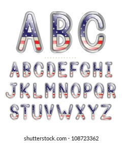 American flag font with a metallic border and reflection. Eps 10 Vector.