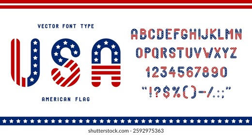 American flag font, USA patriotic typeface, red blue and white type, United States english alphabet, Independence Day vector typography. Stars and stripes american flag font letters and numbers