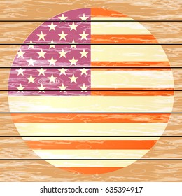 American flag in the form of a circle on the background of wooden boards. Illustration for your design. Fourth of July. Day of independence. USA