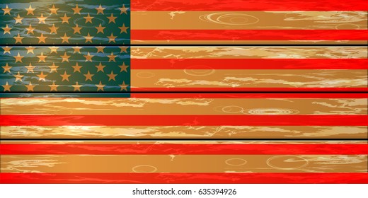 American flag in the form of a parallelepiped on the background of wooden boards. Illustration for your design. Fourth of July. Day of independence. USA