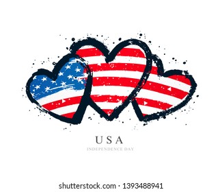 American flag in the form of three hearts. Vector illustration on white background. Brush strokes drawn by hand. USA Independence Day.