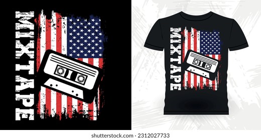 American Flag Funny Old School Hip Hop Retro Vintage Cassette Music Mixtape T-shirt Design