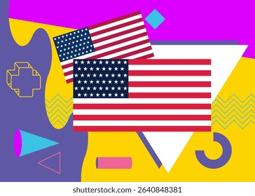 American Flag geometrical graphic retro theme background. Minimal geometric elements. Vintage abstract shapes vector illustration.
