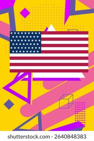American Flag geometrical graphic retro theme background. Minimal geometric elements. Vintage abstract shapes vector illustration.