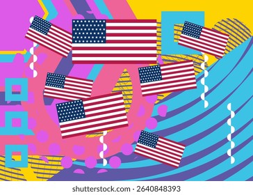 American Flag geometrical graphic retro theme background. Minimal geometric elements. Vintage abstract shapes vector illustration.