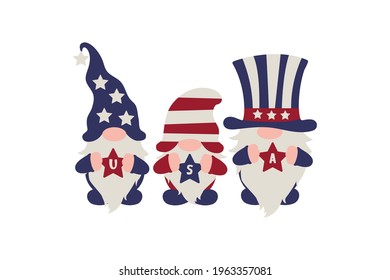 American Flag Gnomes, 4th of July Patriotic Day in USA flat cartoon characters in flag colours hats with Stars and Stripes and with letters USA in hands, vector illustration, Independence Day gnome